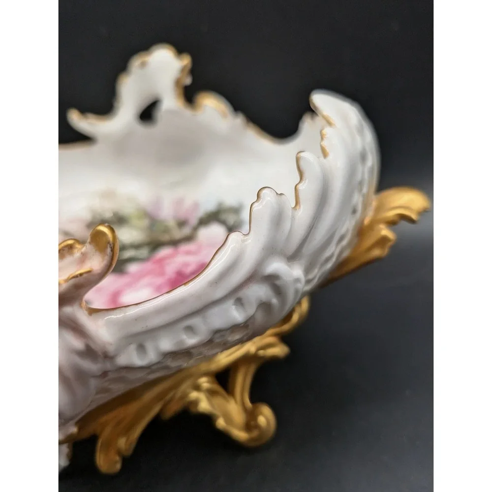 Vintage Hand Painted Floral Porcelain Centerpiece Bowl Gold Gilt Cherub Footed